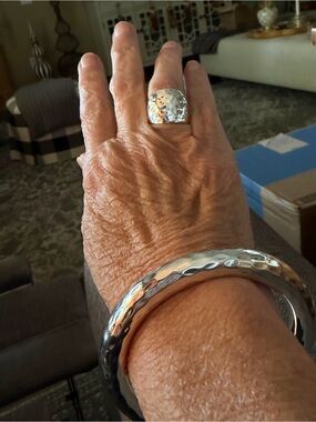 Sterling Silver Hammered Thick Bangle and Ring Set. Size 8